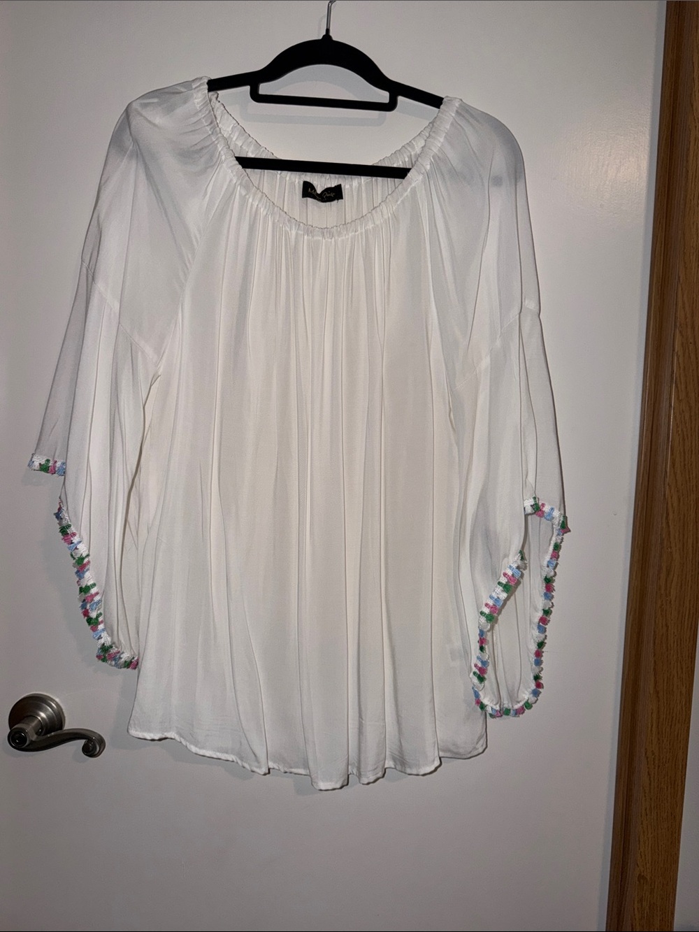 Melissa Paige White Peasant Top with Multicolor Pom-Pom Trim